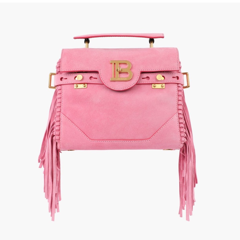 Balmain Pink suede B-Buzz 23 bag with fringe